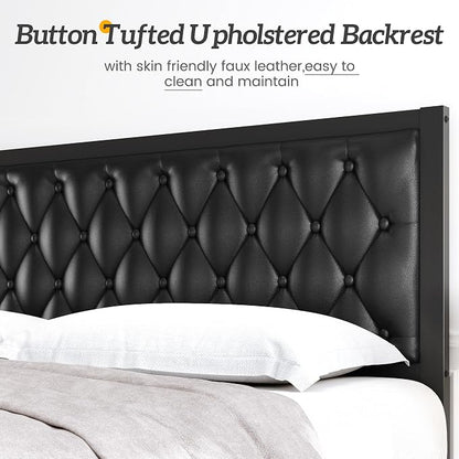 HISOFT King Bed Frame with Upholstered Button Tufted Headboard, Bed Frame Platform Metal Slats Support, Under Bed Storage, No Box Spring Needed, Noise-Free, Easy Assembly, Black