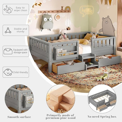 Bellemave Twin Montessori Bed with Stairs, Rails and Slats, Twin Size Montessori Floor Bed with Bookshelf and 2 Storage Drawers, Easy Assemble Beds Frame for Girls, Boys, Gray