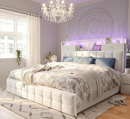 EnHomee Queen Bed Frame with 6 Storage Drawers and 2-Tier Velvet Upholstered Headboard,Modern Bed Frame with LED Lights&Charging Station,No Box Spring Needed,Noise-Free, Easy Assembly,Sturdy,Beige