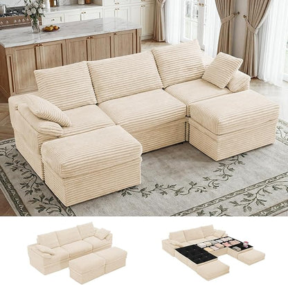 107" Modular U-Shaped Sectional Sofa with Storage, 3-Seat Corduroy Boneless Couch, 27" Deep Seat Cloud Couch & 2 Movable Ottoman, Tool-Free Assembly, Couch for Living Room, Beige