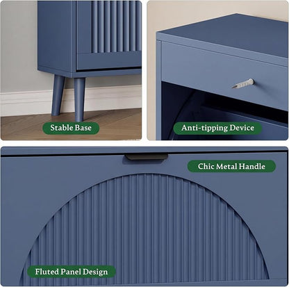 Xixini Shoe Storage Cabinet with 4 Flip Drawers, 36" Freestanding Wood Fluted Shoe Organizer for Entryway, Tall Narrow Wooden Hidden Slim Shoe Rack for Front Door Entrance, Hallway, Foyer, Navy Blue