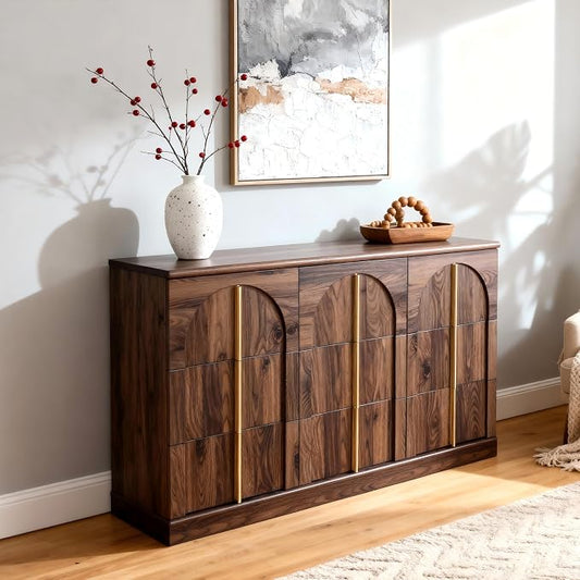 ACCOHOHO 6 Drawers Arched Dresser for Bedroom, 47.3" Wide Modern Chest of Drawers with Rounded Edge & Metal Handles, Hallway, Brown