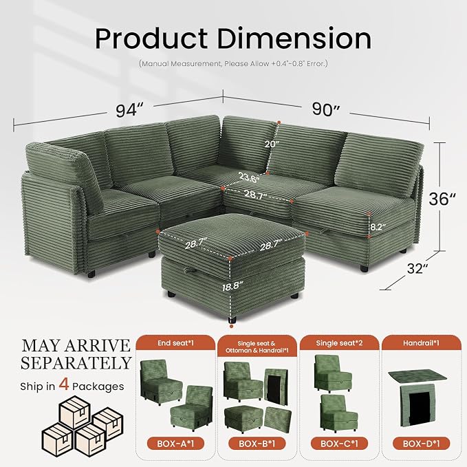 KKL Modular Sectional Couches V-Shaped 6 Seater Sofas with Storage Ottoman for Living Room, Convertible L/J-Shaped Modular Sectional Sofa Bed Plush Wide-Wale Corduroy Couch, Apartment, Green
