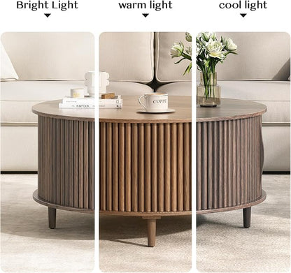 JOINICE 31.5" Round Coffee Table with Storage for Living Room, Walnut | Hidden Storage,Fluted Sliding Door,Mid Century Furniture for Small Apartments,Solid Wood Legs,Easy Assembly,Up to 110 lbs
