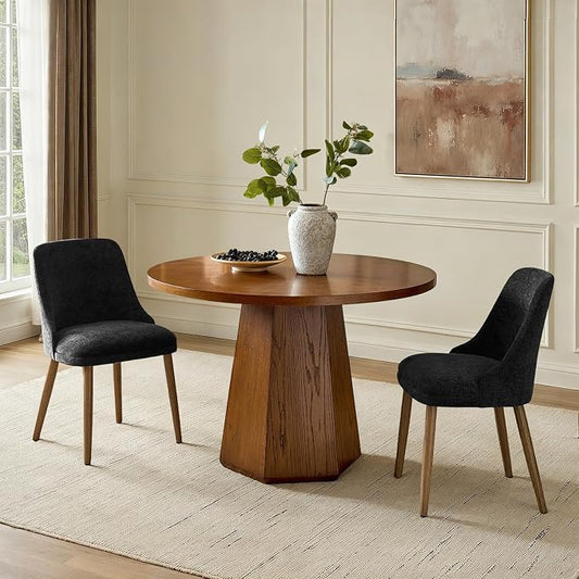 Upholstered Dining Chairs Set of 2, Fabric Dining Room Chairs with Curved Backrest, Solid Wood Legs, Modern Kitchen Chairs for Dining Room Living Room, Black