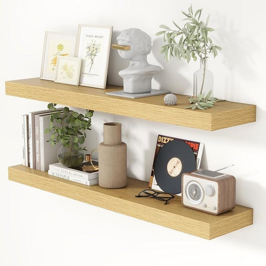 Heimlove 40 Inch Floating Shelves for Wall 8 Inch Deep Oak Shelves Set of 2,Wall Mounted Rustic Wood Long Floating Shelf with Invisible Brackets for Bedroom Kitchen Living Room