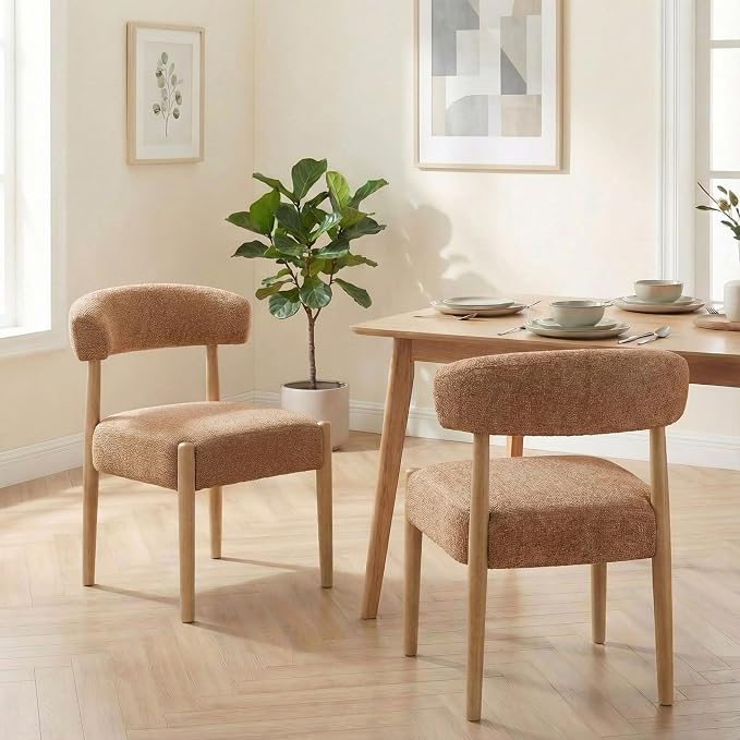 VKNOW Wooden Dining Chairs Set of 2 with Curved Open Back, Orange | Natural Rubberwood Legs, Soft Chenille Fabric, Thickened Cushion, For Adults and Family, Dining Room, Kitchen, No Wobble