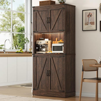 72" Tall Farmhouse Kitchen Pantry Cabinet with LED Light and Power Outlet,Modern Farmhouse Kitchen Storage Cabinet w Load-Bearing Steel Pipe,Barn Doors, Organizer,Food Pantry Cabinets(Rustic Brown)