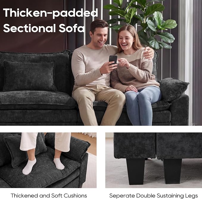 URRED Oversized Modular Sectional Sofa, 157" U Shaped Modern Comfy Cloud Couch with Movable Ottoman & Pillows, Deep Seat Couches for Living Room, Bedroom or Apartment (Chenille Black, 157" U Shaped)