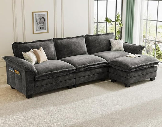 KKL 123 Inch L-Shaped Modular Sectional Sofa, 4 Seater Cloud Couch with Ottoman, Chenille Sectional Couches for Living Room, Apartment, Grey
