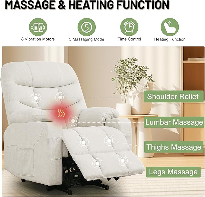Korser Power Recliner Chair with Massage and Heating, Power Lift Recliner Chair for Elderly and Adults, Electric Recliner with Remote Control and Cup Holders for Living Room, Linen Fabric