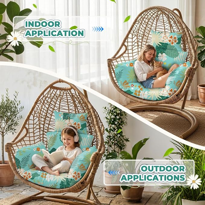 Waterproof Egg Chair Cushion Replacement 47x31.5x4.7 inch Thicken Hanging Egg Swing Chair Cushion Indoor Outdoor Wicker Rattan Hammock Basket Cushion with Headrest Pillow, Teal Floral Leaves