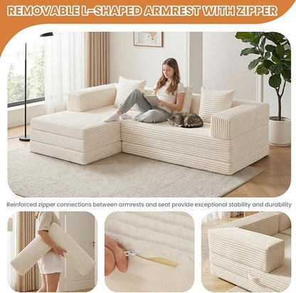 79" Modular Sectional Sofa, Boneless Convertible Sleeper Sofa Bed, Modern Tri-Folding Cloud Couch with L-Shape Chaise, Corduroy Futon for Living Room Small Spaces Apartment, No Assembly, Beige
