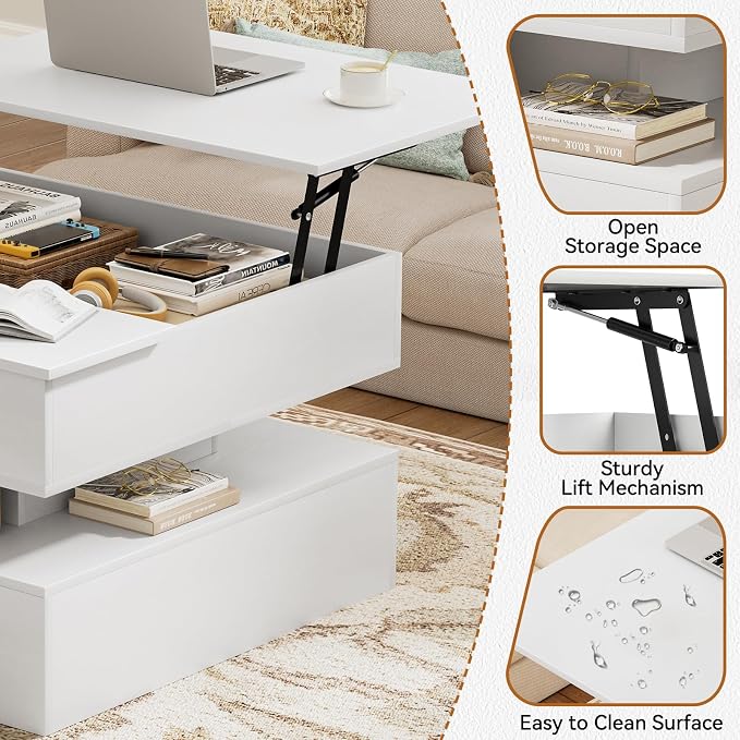 FABATO Lift Top Coffee Table with Storage and Hidden Compartment, Wood Square Coffee Table for Living Room, 31.5'' Small Center Table with Open Display Shelf for Dining Reception Room, White