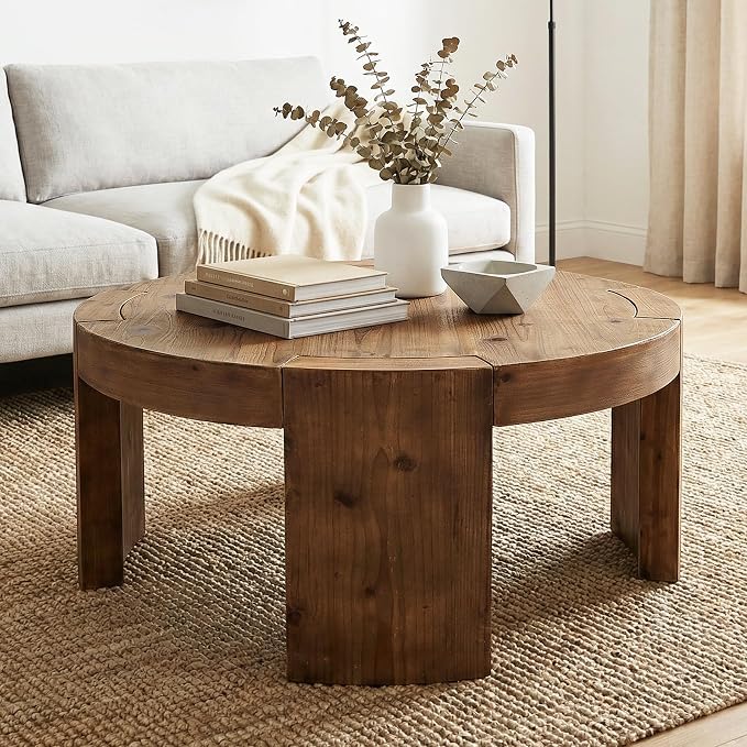 Solid Wood Round Coffee Table, 31.5-Inch Farmhouse Circle Center Cocktail Tea Table for Living Room, Wood Home Living Room Furniture, Easy Assembly, Rustic Brown