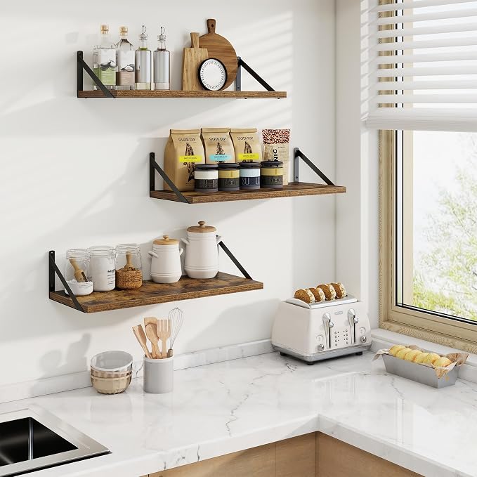 Axeman Deep Floating Shelves | 24 Inch Brown Wall Shelves Set of 2 | 10 Inch Deep Wood Floating Shelves for Wall | 24" W x 10" D Rustic Brown Shelves for Living Room Bathroom Kitchen