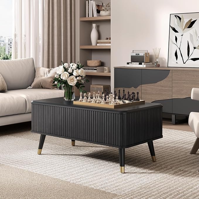 Lift Top Coffee Table with Storage, Modern Coffee Table with Solid Wood Legs, 38" Minimalist Fluted Center Table for Living Room, Home Office, Black