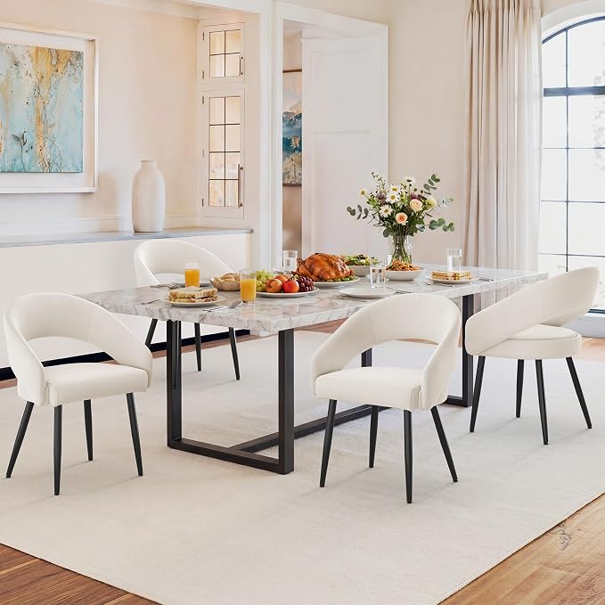 LUE BONA Modern Dining Chairs Set of 2, Upholstered Armrest Side Chairs for Kitchen & Dining Room, 18.5" Seat Height, Comfortable Curved Hollow Backrest, Black Metal Legs, Easy Assembly, Beige