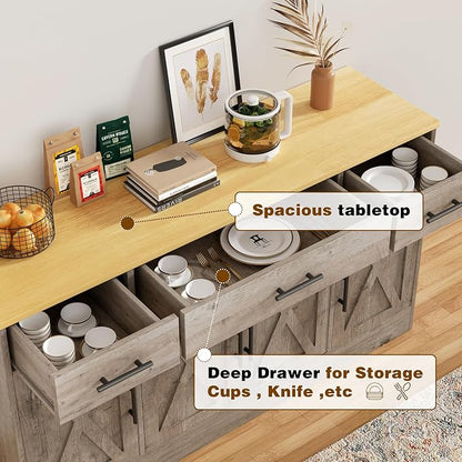 Vongrasig Buffet Cabinet with Drawers, 53” Large Sideboard Buffet Kitchen Storage Cabinet, Modern Farmhouse Coffee Bar with Shelves and Doors, Wood Buffet Table for Kitchen, Dining Room, Ash Grey