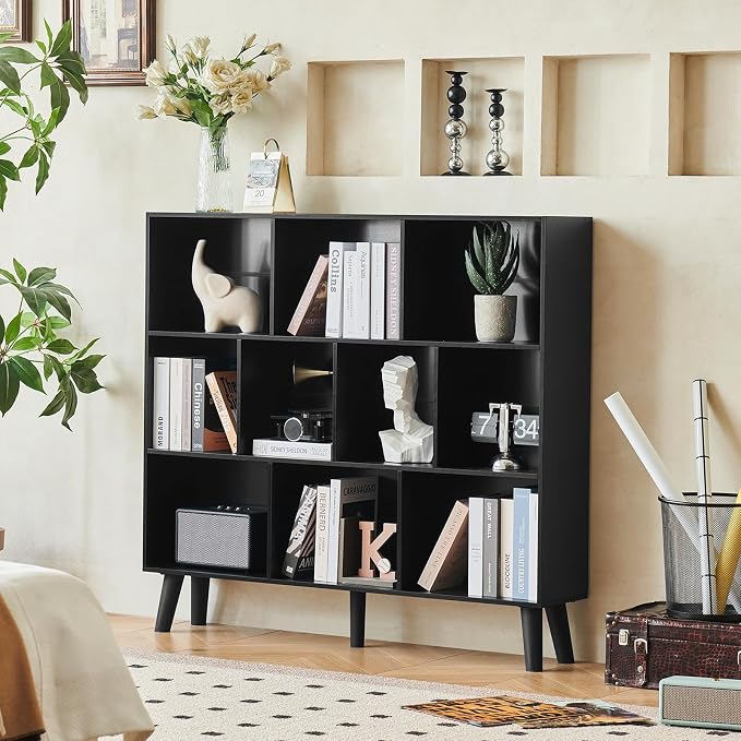 LEYAOYAO 10 Cube Bookshelf,3 Tier Modern Wide Bookcase with Legs,Mid-Century Wood Bookshelves Storage,Black Large Book Case,Freestanding Organizer Display Shelf for Bedroom,Living Room,Office