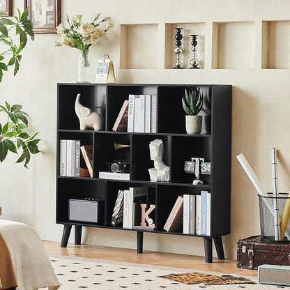 LEYAOYAO 10 Cube Bookshelf,3 Tier Modern Wide Bookcase with Legs,Mid-Century Wood Bookshelves Storage,Black Large Book Case,Freestanding Organizer Display Shelf for Bedroom,Living Room,Office