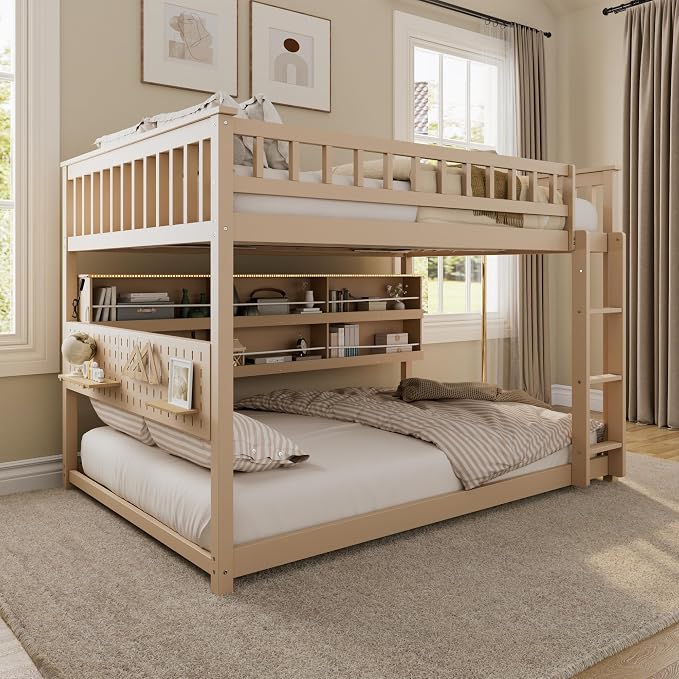 Full Over Full Bunk Bed, Wood Bunk Bed with Integrated Shelving, Color-Changing Lights and Pegboard for Kids Teens Adults, Beige