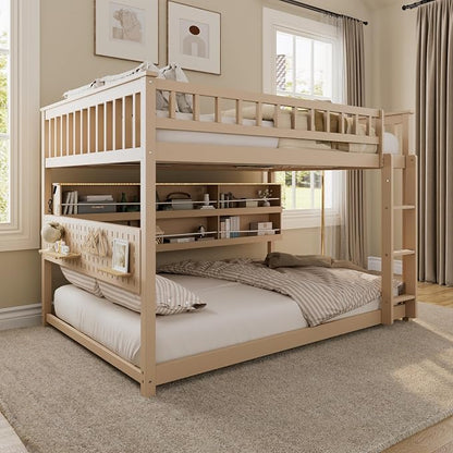 Full Over Full Bunk Bed, Wood Bunk Bed with Integrated Shelving, Color-Changing Lights and Pegboard for Kids Teens Adults, Beige