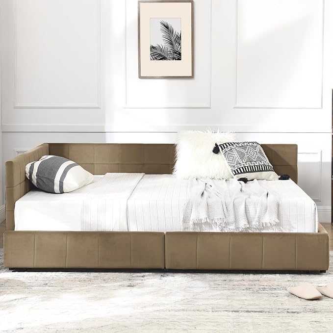 Bellemave Full Size Corner Bed Frame with Storage Drawers, Comfortable Backrest and Armrests, Velvet Tufted Corner Bed Frame Full Size, Upholstered Daybed for Bedroom, Living Room, Guest Room, Brown