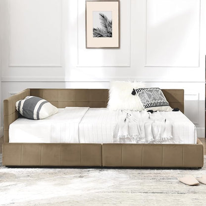 Bellemave Full Size Corner Bed Frame with Storage Drawers, Comfortable Backrest and Armrests, Velvet Tufted Corner Bed Frame Full Size, Upholstered Daybed for Bedroom, Living Room, Guest Room, Brown