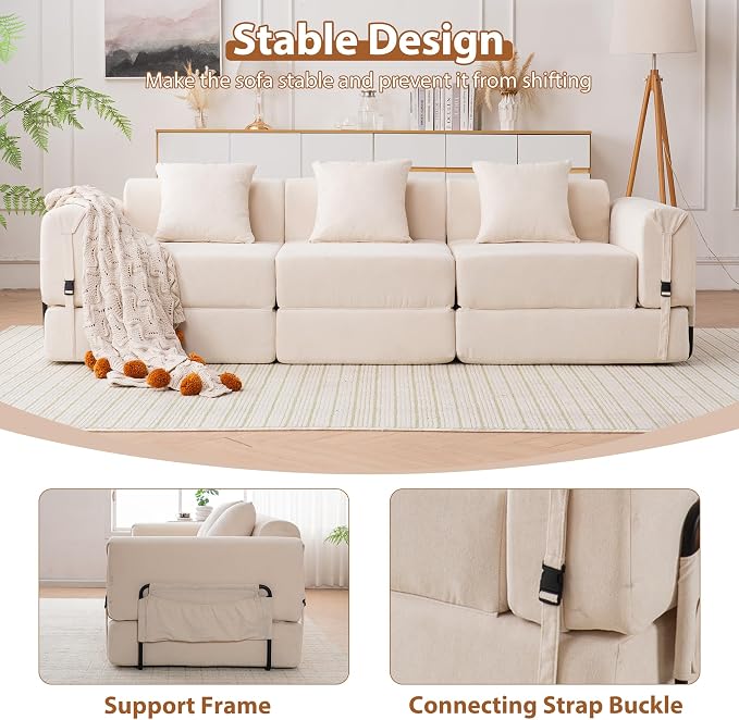 Cloud Modular Sectional Sofa, Foldable Floor Couch Bed, Convertible Sleeper Sofa Bed, Fold Out Boneless Couches for Living Room, Office, Guest Room, Apartment (3 Seater Couch, Beige)