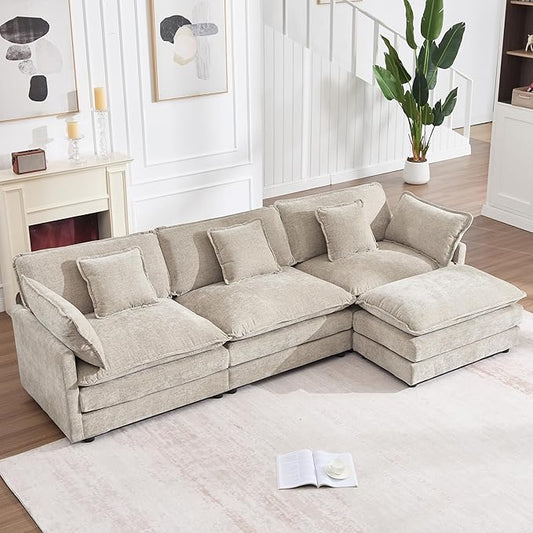 GNIXUU Modular Sectional Sofa, 111.5“ Chenille L Shaped Cloud Sectional Couch with Movable Ottoman & Deep Seat, 4 Seat Couches with 5 Pillows for Living Room, Apartment, Office, Camel