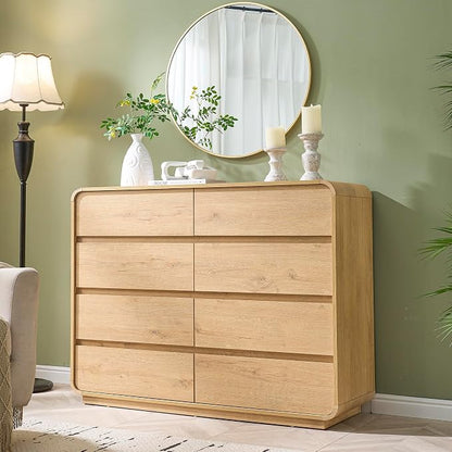 Standifurno Natural Dresser with 8 Drawers, FarmhouseDresser for Bedroom, Rustic Wood Chest of Drawers,Storage Closet, Chest of Drawers Handleless Design,Living Room, Curved Dresser Design 47" Wide