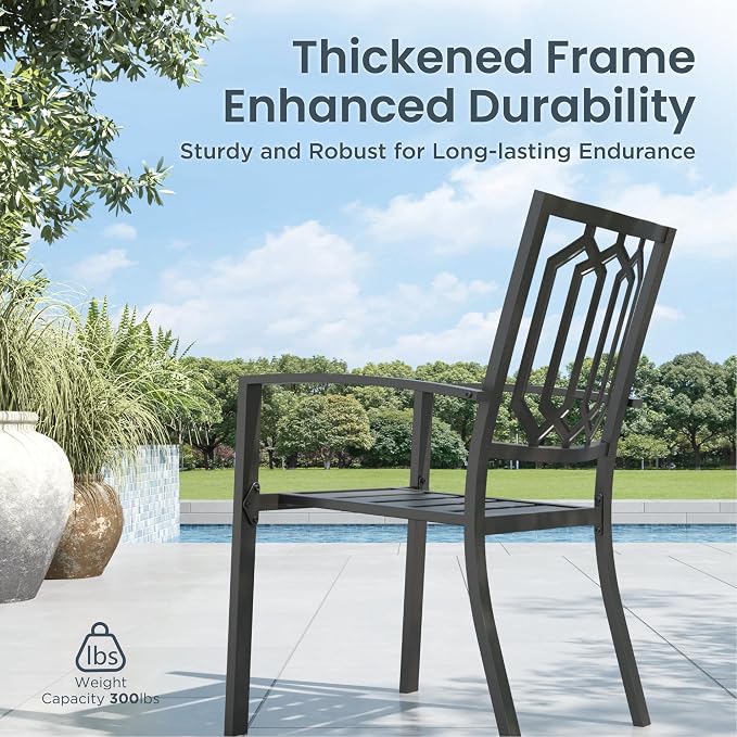 PHI VILLA 5 Pieces Outdoor Dining Set for 4, 37” Black Square Metal Steel Table with Mesh Top & Stackable Wrought Iron Chairs, Outside Furniture Set for Patio, Deck, Backyard, Porch