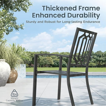 PHI VILLA 5 Pieces Outdoor Dining Set for 4, 37” Black Square Metal Steel Table with Mesh Top & Stackable Wrought Iron Chairs, Outside Furniture Set for Patio, Deck, Backyard, Porch