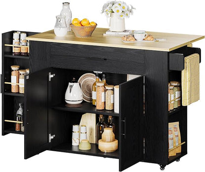 IRONCK Rolling Kitchen Island Table on Wheels with Drop Leaf, Storage Cabinet and Drawer, 52 in Kitchen Cart with Spice and Towel Rack for Kitchen, Black