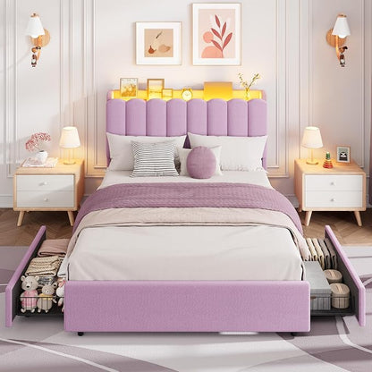 Garvee LED Full Size Bed Frame with Storage Headboard, Kids Bed Frame with 2 Drawers, Boucle Upholstered Platform Bed for Girls, Chic Wavy Headboard with Bookcase, No Box Spring Needed, Purple