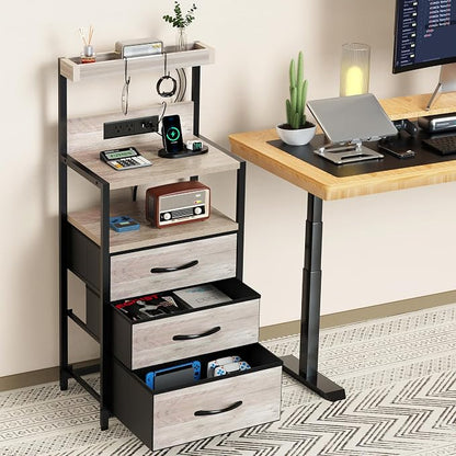 SZLHANJZ Nightstand Set of 2, Large Night Stand with LED Lights and Charging Station, 39-Inch Tall Bed Side Tables with Shelves, 3 Fabric Drawers Bedside Table for Bedroom, Greige