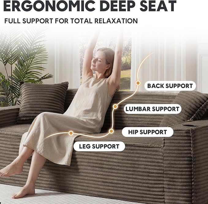 Boneless Sectional Sofa Couch with Cup Holders & Side Pockets, Modern Corduroy Fabric Deep Seat Loveseat Cloud Couch for Living Room Office, No Assembly (Brown)