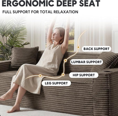 Boneless Sectional Sofa Couch with Cup Holders & Side Pockets, Modern Corduroy Fabric Deep Seat 3-seat Cloud Couch for Living Room Office, No Assembly (Brown)