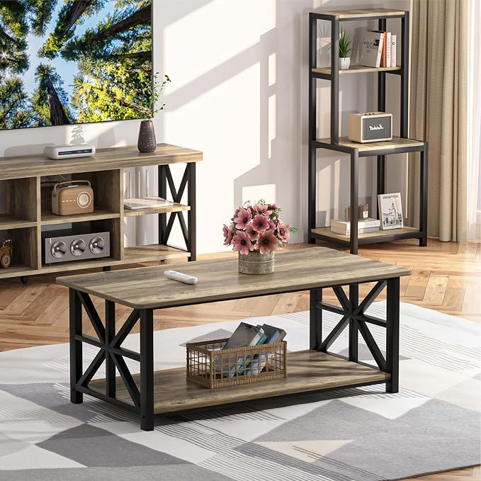 GreenForest Round Corners Coffee Table for Living Room | armhouse Style Center Table with Storage Shelf,39 Inch Space Saving Sofa Table,Easy Assembly,Gray Wash