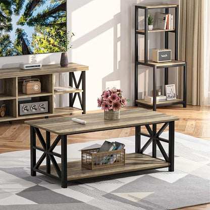 GreenForest Round Corners Coffee Table for Living Room | armhouse Style Center Table with Storage Shelf,39 Inch Space Saving Sofa Table,Easy Assembly,Gray Wash