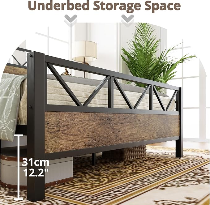 LIKIMIO Queen Bed Frame, Tall Industrial Headboard 51.2 ", Platform Bed Frame with Strong Metal Support, Solid and Stable, Noise Free, No Box Spring Needed, Easy Assembly, Rustic Maple