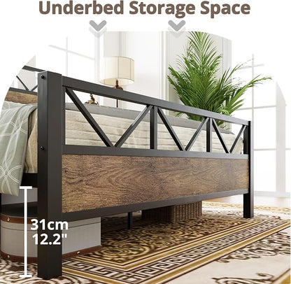 LIKIMIO Queen Bed Frame, Tall Industrial Headboard 51.2 ", Platform Bed Frame with Strong Metal Support, Solid and Stable, Noise Free, No Box Spring Needed, Easy Assembly, Rustic Maple