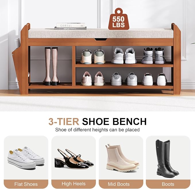 PETKABOO 39.4" Bamboo Shoe Rack Bench with Coat Rack, 3-Tier Entryway Bench with Thick Cushion, Flip-Top & Side Baskets, Holds Up to 550 LBS for Hallway, Living Room, Bedroom