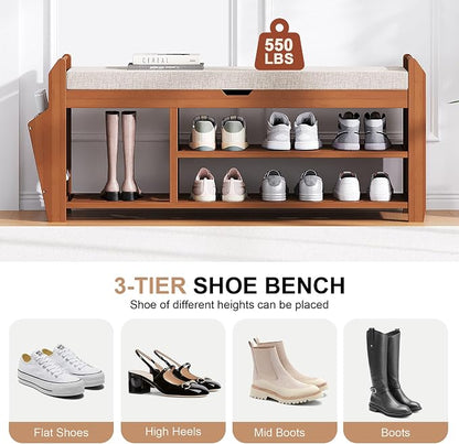 PETKABOO 39.4" Bamboo Shoe Rack Bench with Coat Rack, 3-Tier Entryway Bench with Thick Cushion, Flip-Top & Side Baskets, Holds Up to 550 LBS for Hallway, Living Room, Bedroom