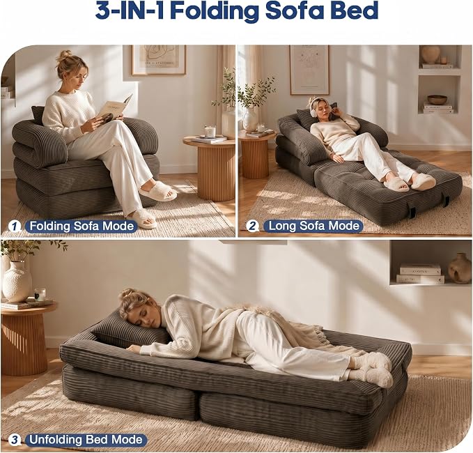 Folding Sofa Bed, Convertible Sleeper Chair with Armrests, Foldable Corduroy Boneless Bed, 3-in-1 Portable Futon Couch Floor Sofa with Pillow for Bedroom, Living Room, Coffee