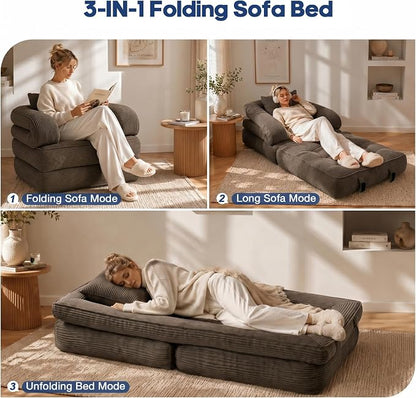 Folding Sofa Bed, Convertible Sleeper Chair with Armrests, Foldable Corduroy Boneless Bed, 3-in-1 Portable Futon Couch Floor Sofa with Pillow for Bedroom, Living Room, Coffee