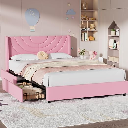 VECELO Full Bed Frame Upholstered Platform with 4 Drawers&Fabric Headboard,Wooden Slats Support/No Box Spring Needed/Mattress Foundation,Pink