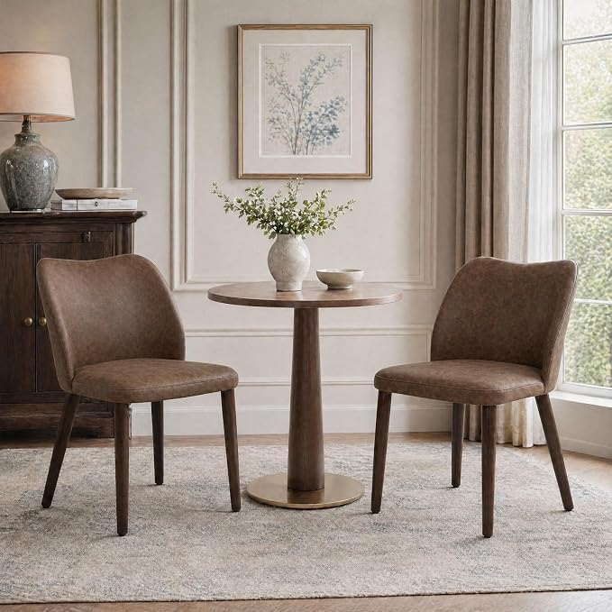 COLAMY Dining Chairs Set of 2, Upholstered Leather Kitchen Chairs with Curved Back, Padded Seat and Solid Wood Legs, Modern Dining Chair for Kitchen Dining Room, Dark Brown