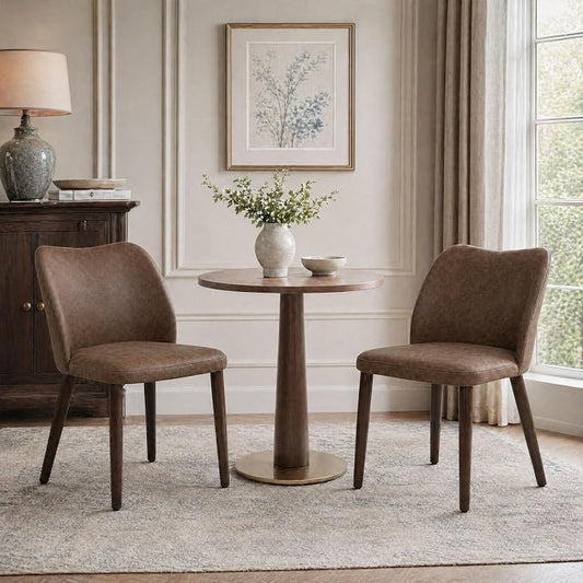 COLAMY Dining Chairs Set of 2, Upholstered Leather Kitchen Chairs with Curved Back, Padded Seat and Solid Wood Legs, Modern Dining Chair for Kitchen Dining Room, Dark Brown